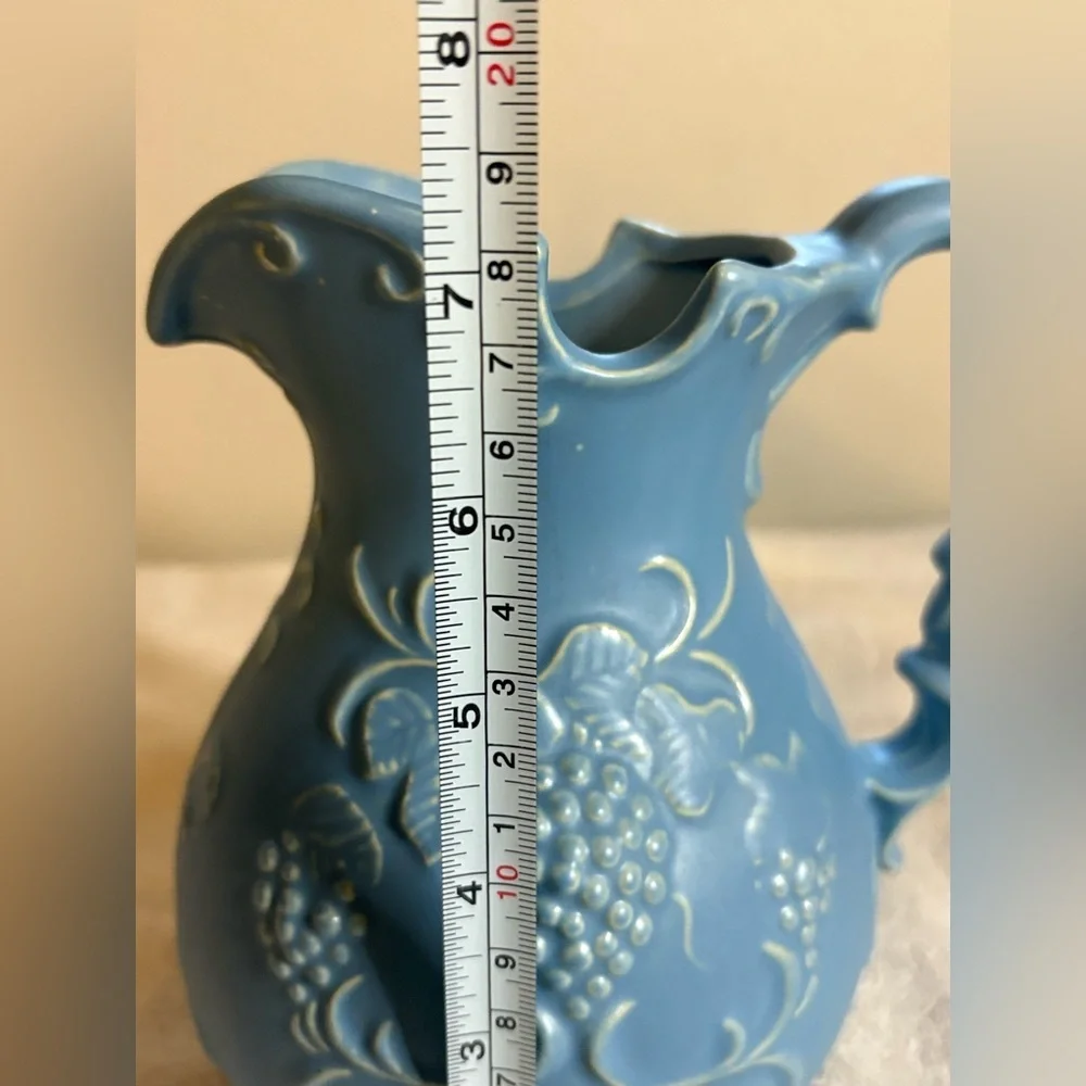 Vintage Blue Pottery Vase Pitcher Grape Design 7in